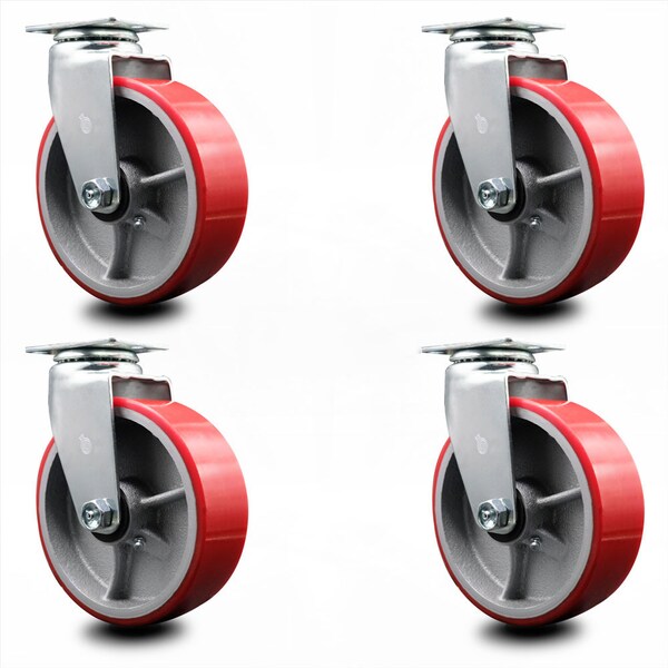 6 Inch Red Poly on Cast Iron Wheel Swivel Caster Set with Ball Bearings SCC
